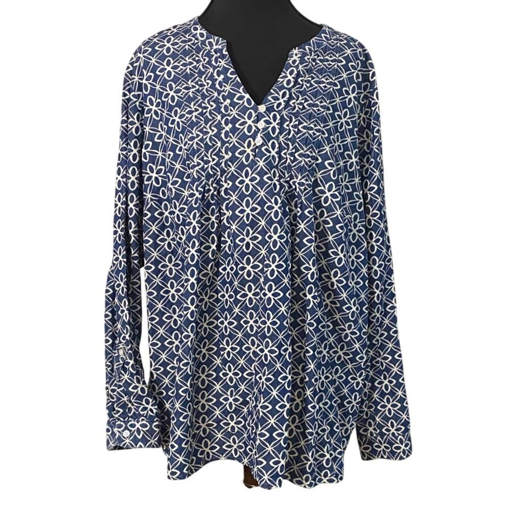 Kim Rogers Curvy Blue White Floral Print Long Sleeve Tunic Top 1X Coastal Casual